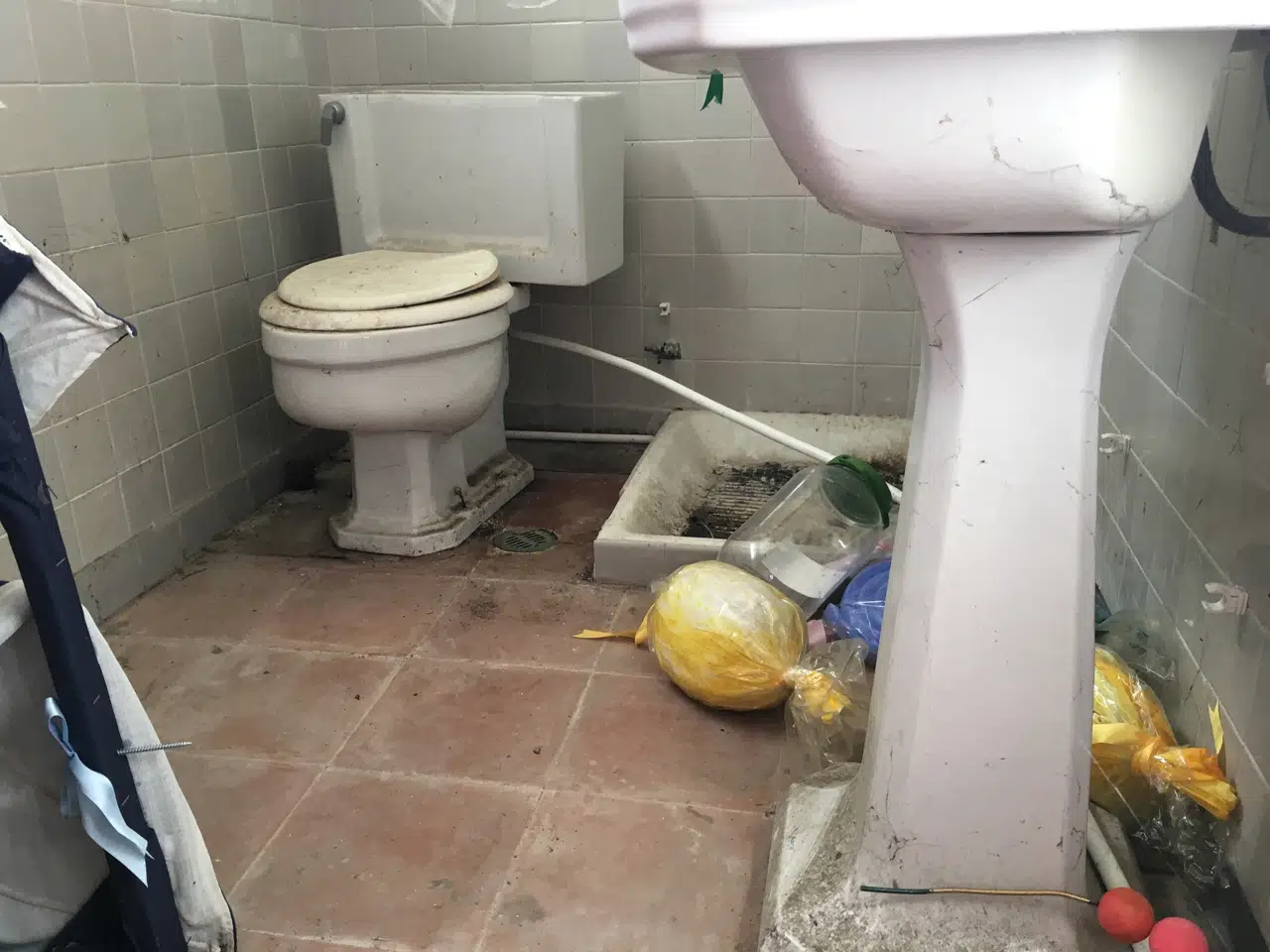 Parte inferior del baño original con inodoro, lavabo y plato de ducha