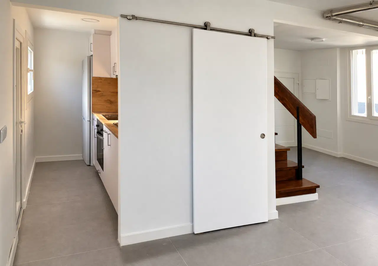 Cocina abierta, corredera de acceso a la despensa y escalera