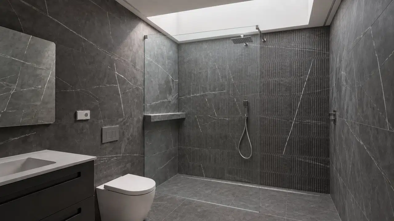 Baño oscuro iluminado mediante una claraboya situada sobre la ducha